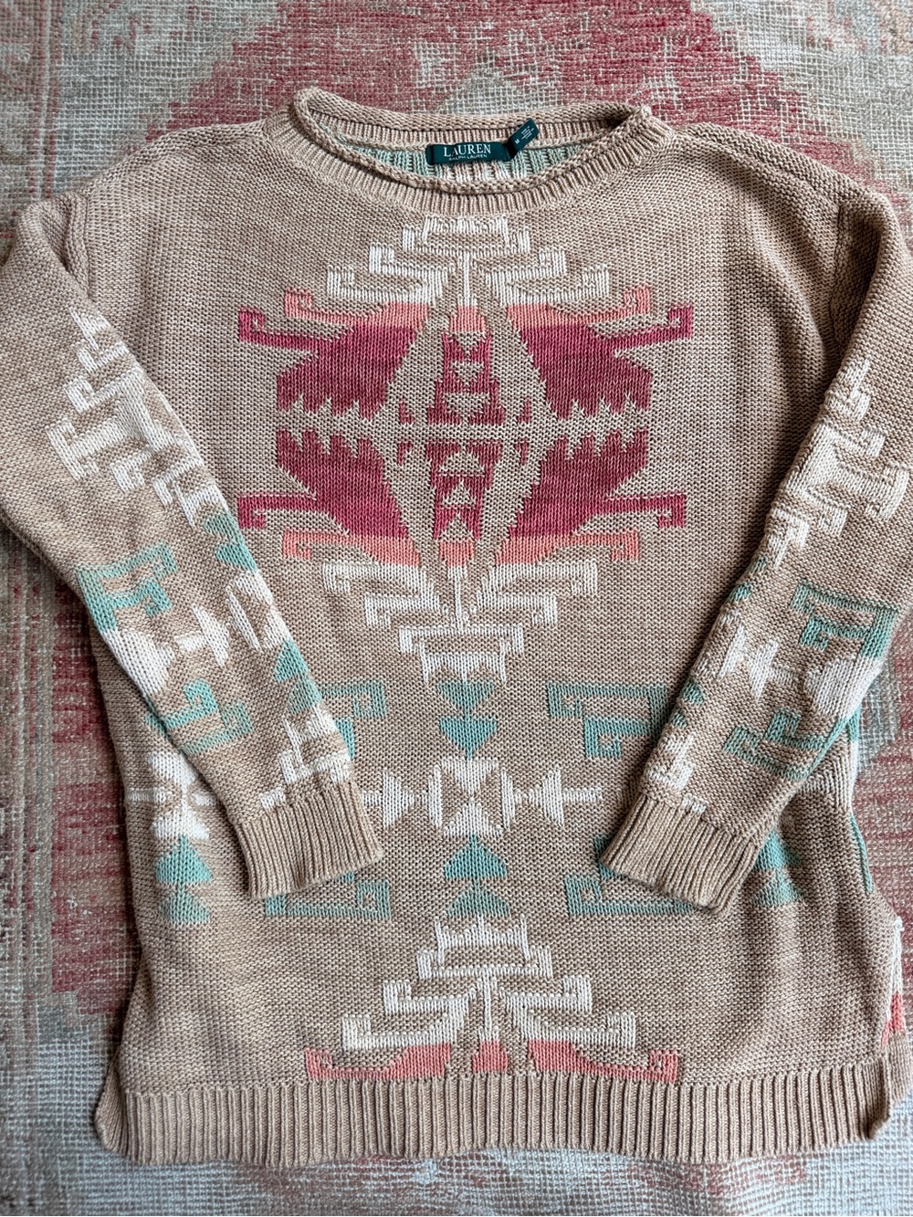 Lauren Ralph Lauren Beige Crewneck Sweater with Pink & Teal Aztec Pattern